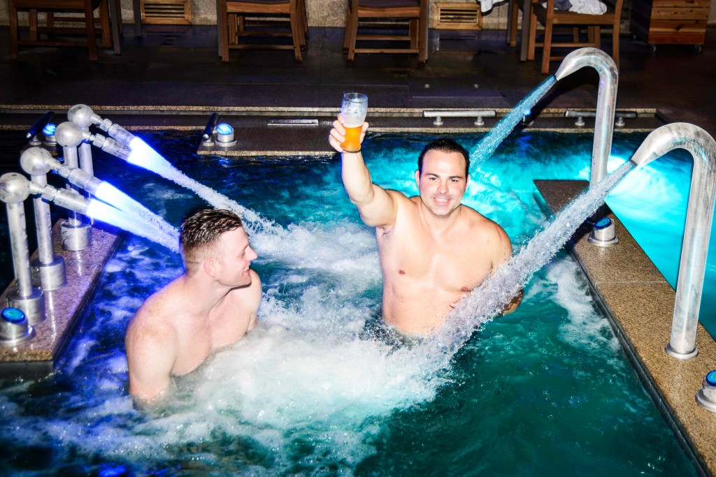 friends Justin Estill age 30 (blond) and Michael Ladagana age 34 of Astoria (dark hair) . Spa castle premier, saunas and pool. 115 East 57th Street Manhattan NY