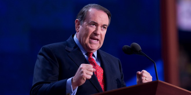UNITED STATES - AUGUST 29:  Former Gov. Mike Huckabee, R-Ark., addresses the Republican National Convention in the Tampa Bay Times Forum on the night Rep. Paul Ryan, R-Wisc., republican vice-presidential nominee, delivered a speech to the crowd.  (Photo By Tom Williams/CQ Roll Call)